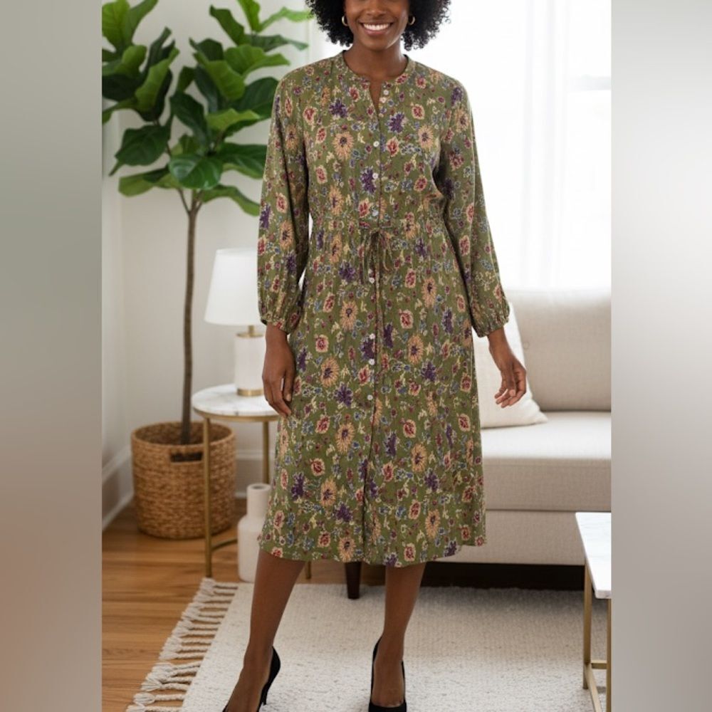 Olivia James The Label Floral Print Cotton Green Midi Dress Size S